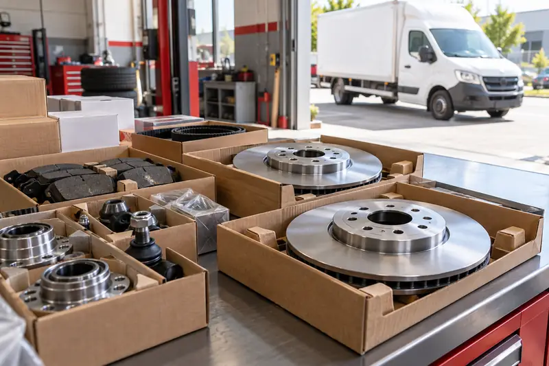 Verpackte Autoteile für eine Werkstattlieferung – Symbolbild