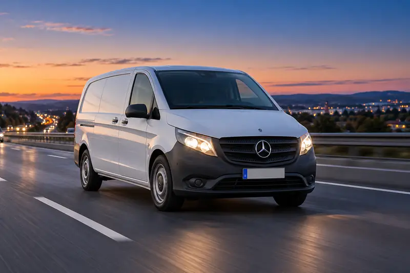 Weißer Transporter mit Licht auf der Autobahn in der Abenddämmerung – Symbolbild