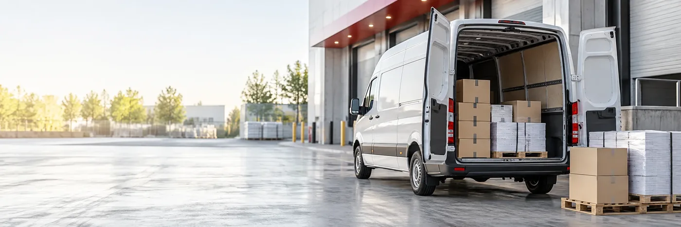 Beladener Transporter an einer Laderampe – Symbolbild