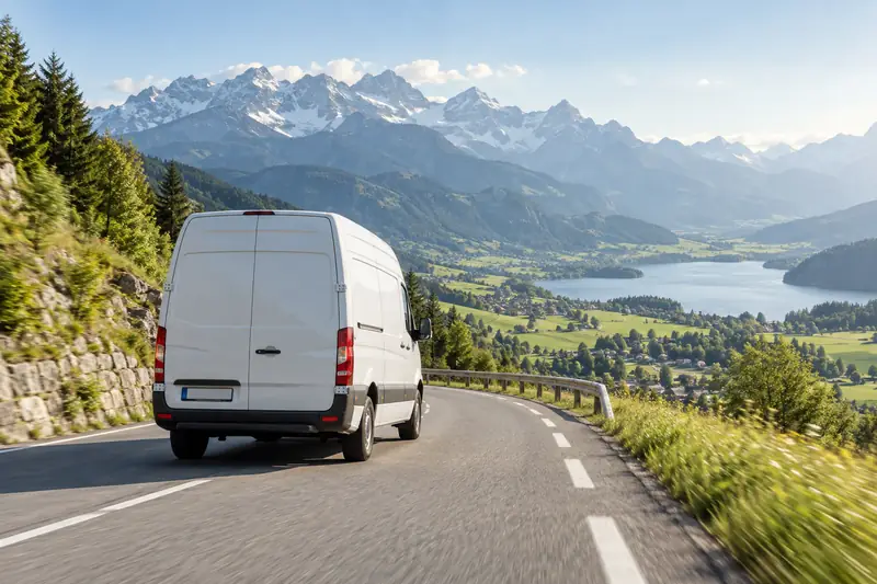 Weißer Transporter auf einer Bergstraße oberhalb eines Sees – Symbolbild