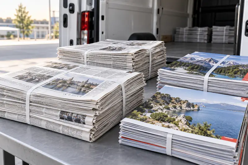 Gebündelte Zeitungen und Zeitschriften vor einem geöffneten Transporter – Symbolbild
